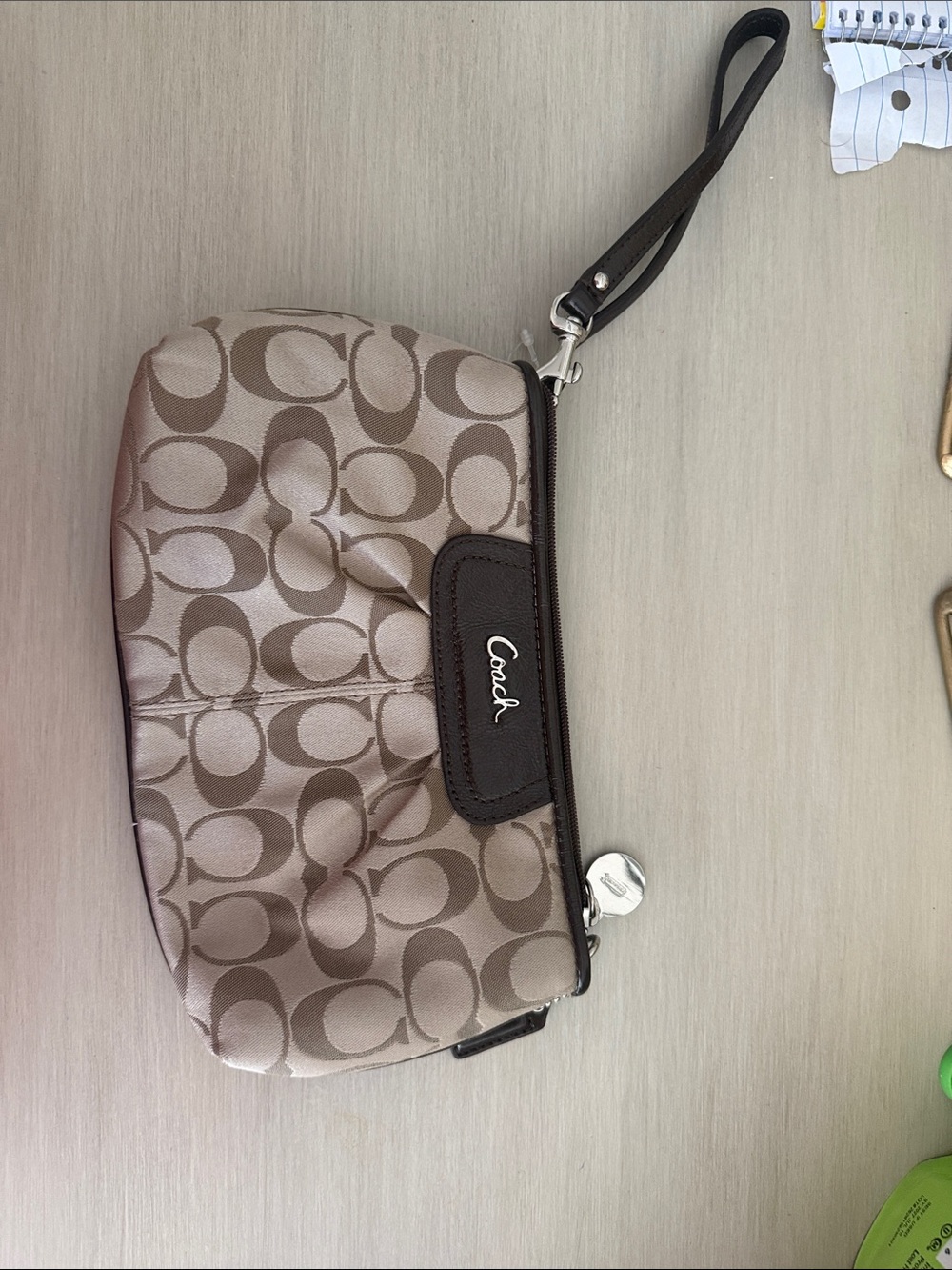 Coach Signature Wristlet in Taupe and Brown